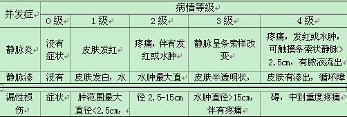 表1 静脉炎和静脉渗漏性损伤的判定标准