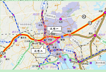 图2 广州铁路枢纽客运布局规划图     根据广东省十三五铁路规划,远