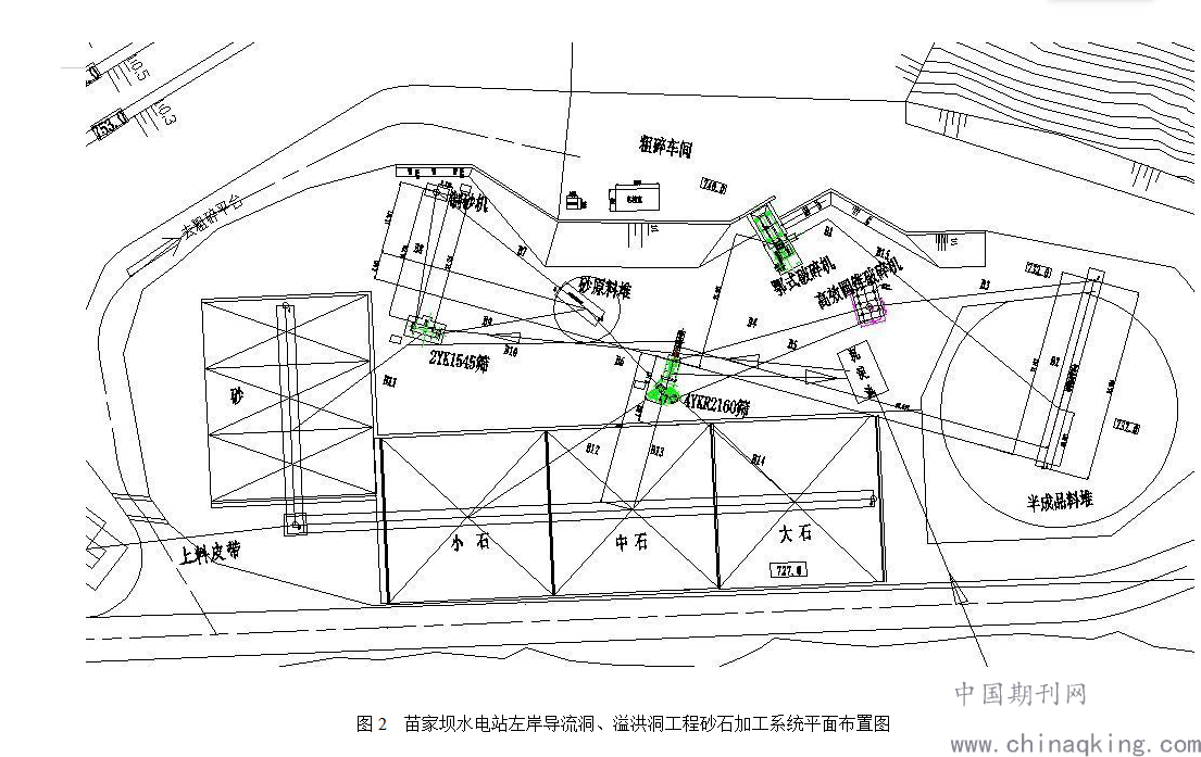图2  苗家坝水电站左岸导流洞,溢洪洞工程砂石加工系统平面布置